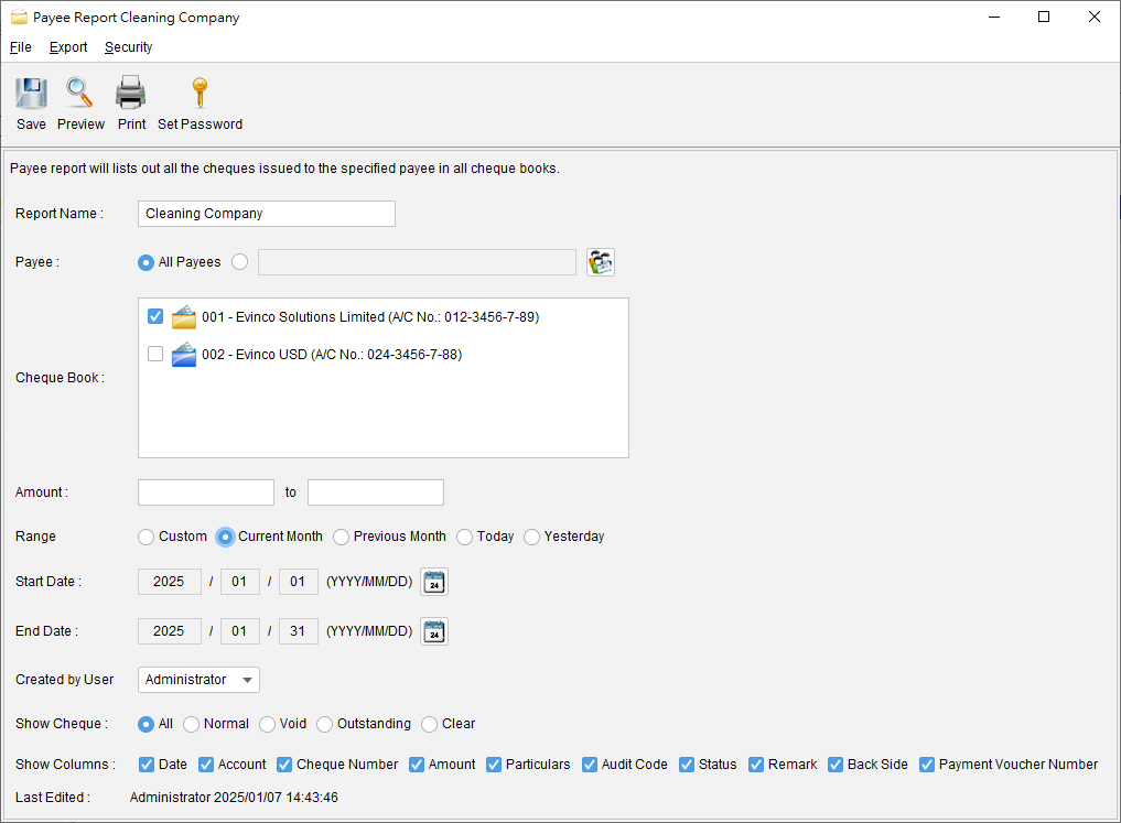 Dialog to prepare payee report