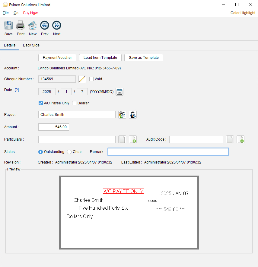 Window to preparing cheque ad lower part is the preview